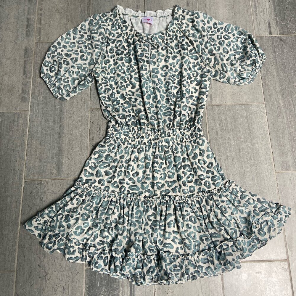 Buddy Love Ray Elastic Waist Short Sleeve Mini Dress Green Leopard Print Size M